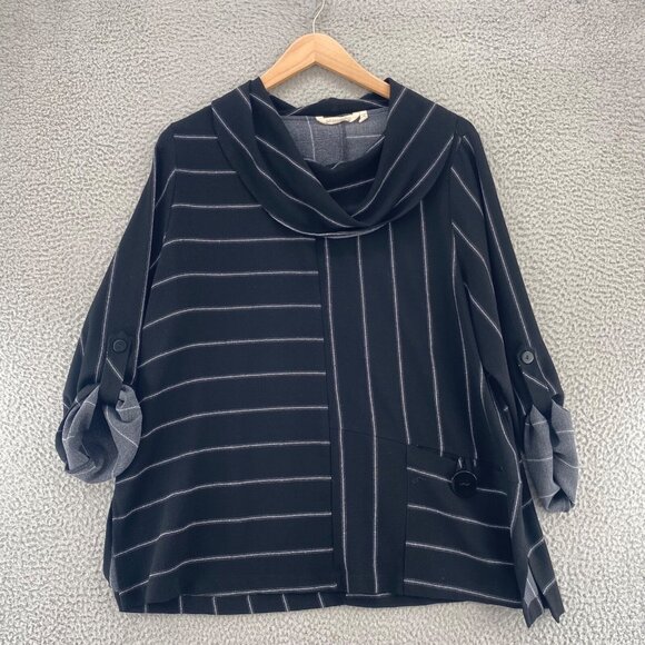 Soft Surroundings Top Womens 1X Plus Black Striped Cowl Neck Roll Tab Sleeves - Picture 1 of 11